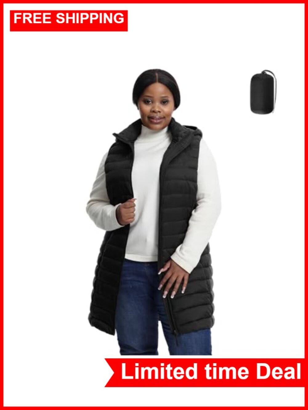 Plus Size Quilted Puffer Vest Detachable Hood Packable Sleeveless